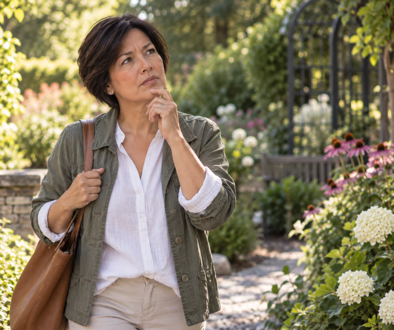 Middle-aged woman walking through a garden wondering if hormone therapy is safe for perimenopause and menopause symptoms.