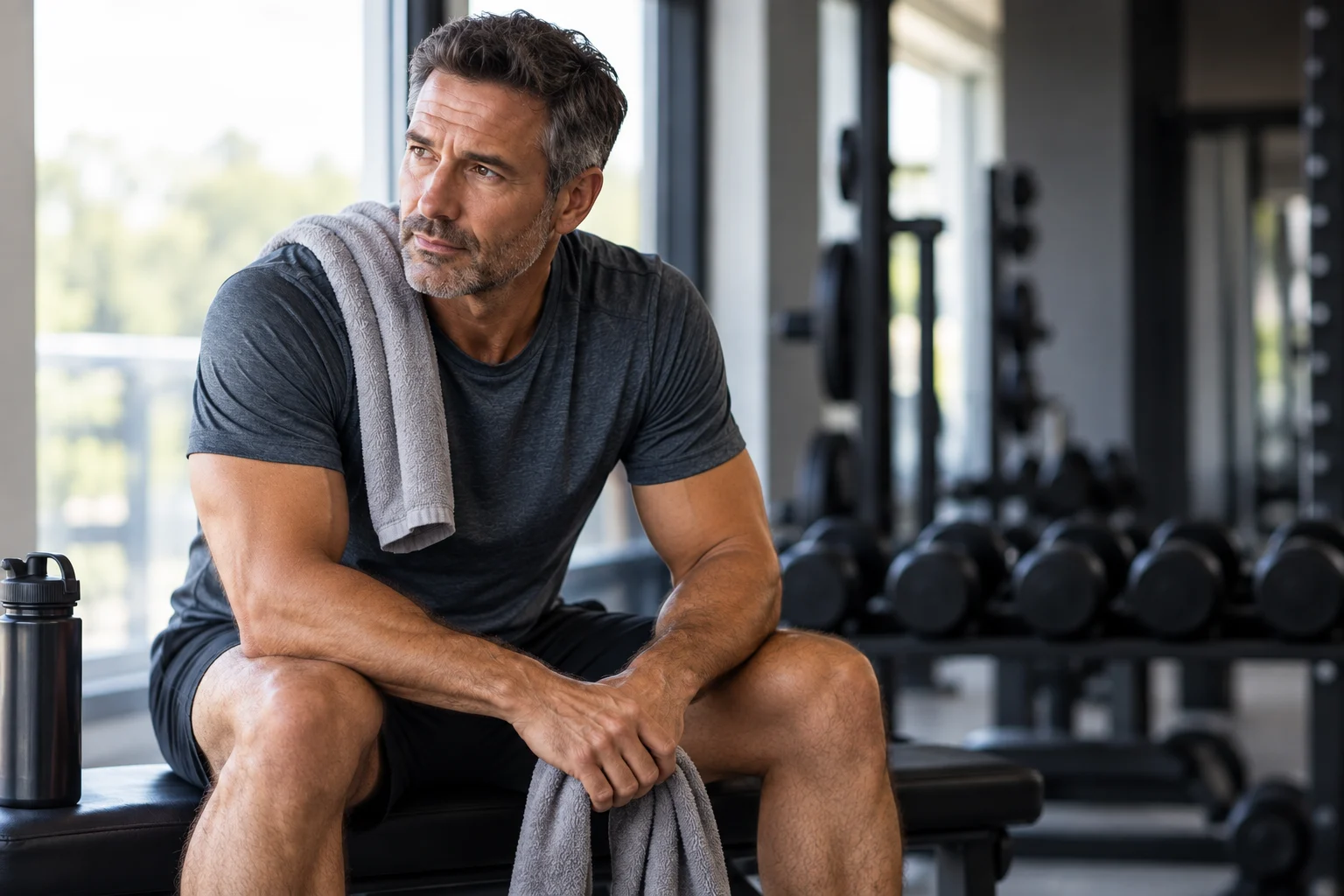 Low Testosterone Symptoms in Men Middle-aged man resting after a workout, representing changes in energy, strength, and stamina associated with low testosterone symptoms in men.