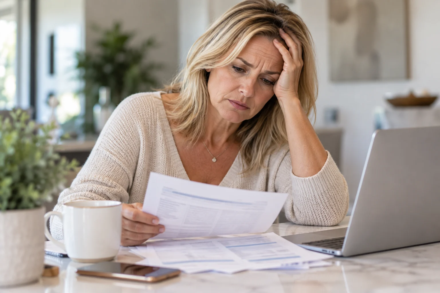 Middle-aged woman feeling tired and frustrated while reviewing lab results with normal blood work.