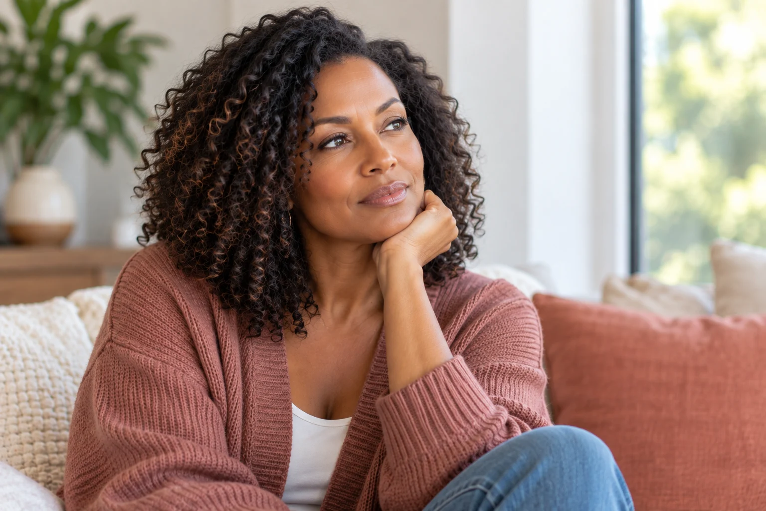 Black woman in midlife wondering whether changes she is experiencing may be related to perimenopause or menopause.
