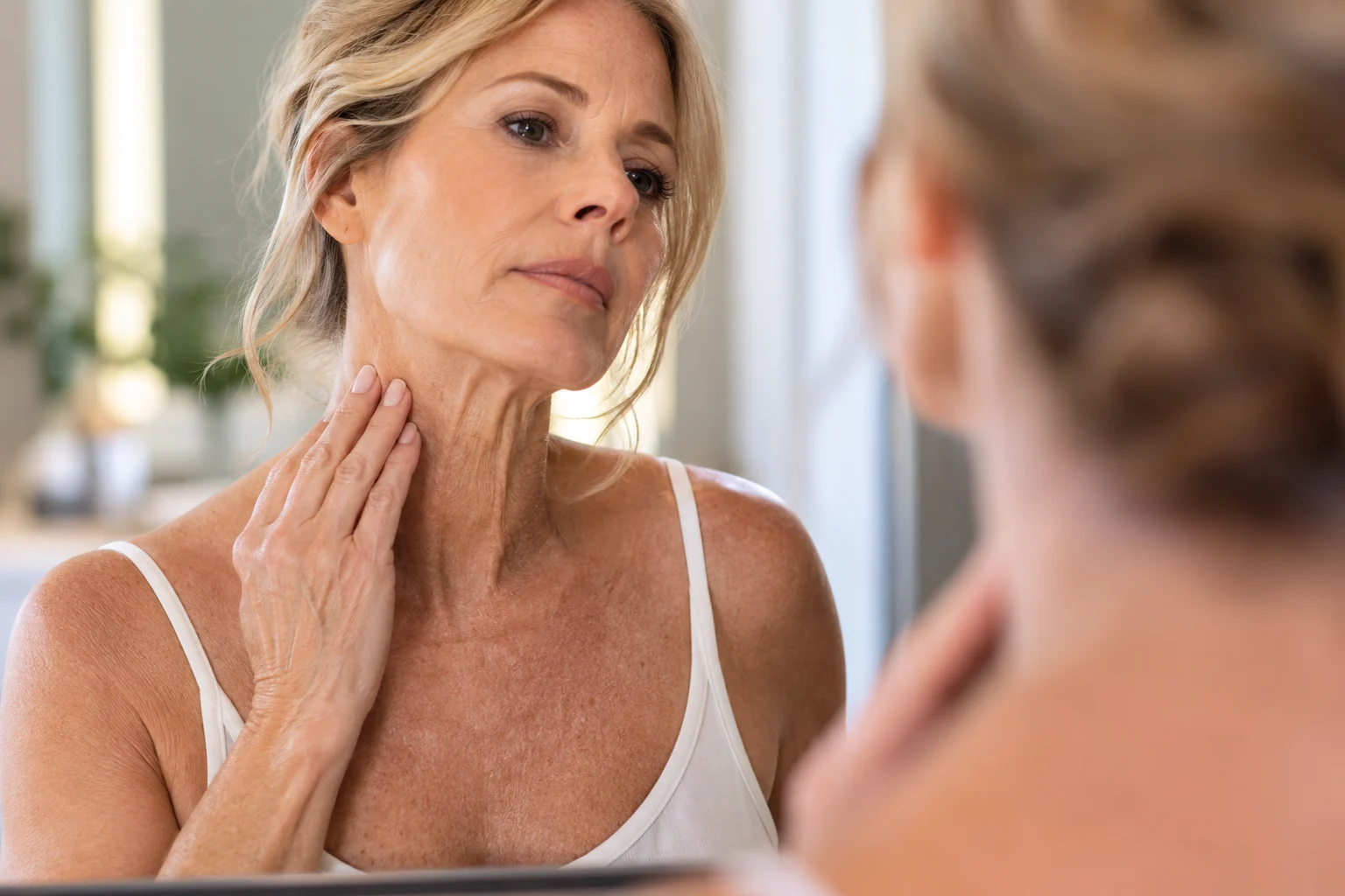 Woman noticing crepey skin on her neck